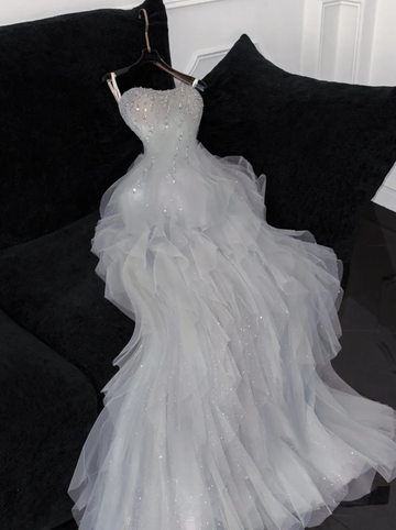 Romantic A Line Strapless Beaded Ruffle Grey Tulle Party Dress Evening Dress HZ1023